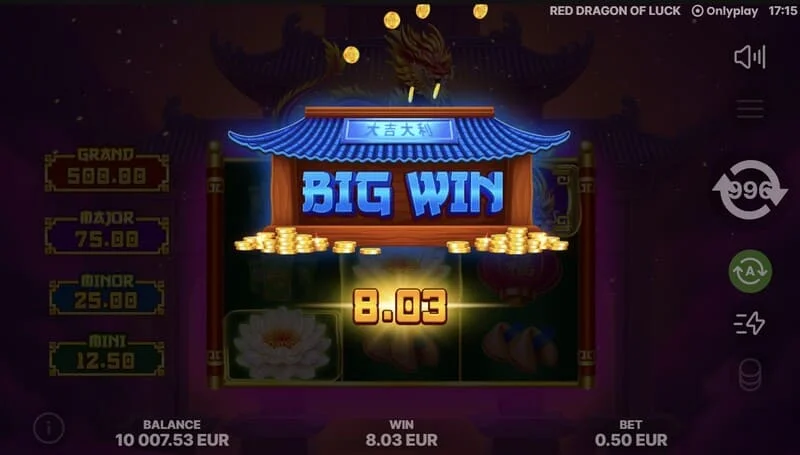 Red Dragon of Luck – Hauptbildschirm mit 3x3-Raster und rotem Drachen